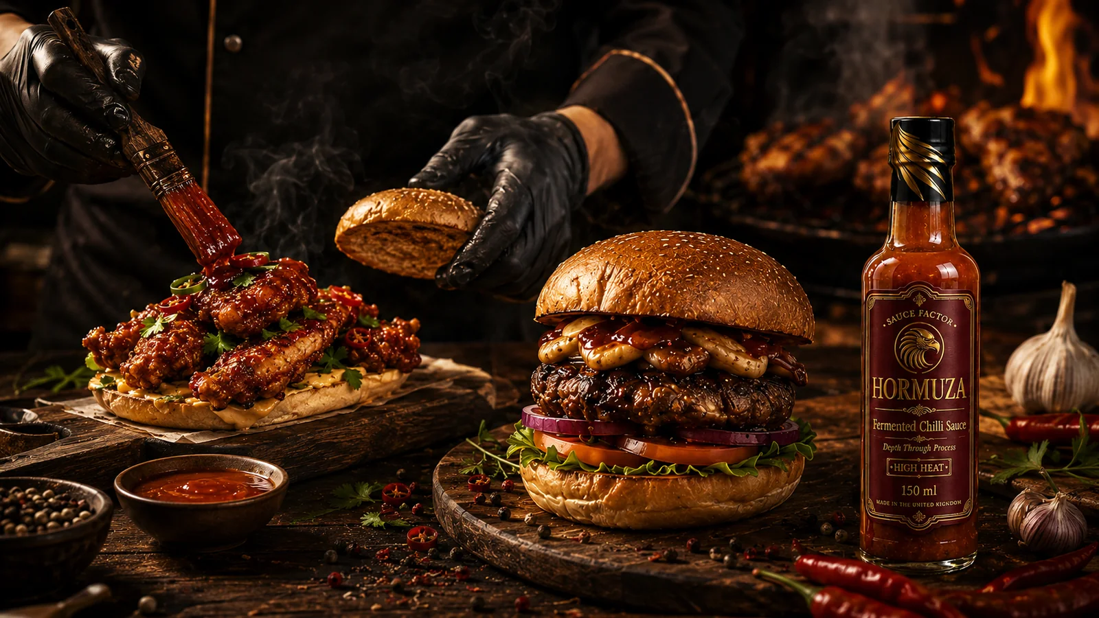 Burgers & Sandwiches — Powered by HORMUZA Fermented Chilli Sauce. Bold. Juicy. Saucy. This is where HORMUZA really bites.