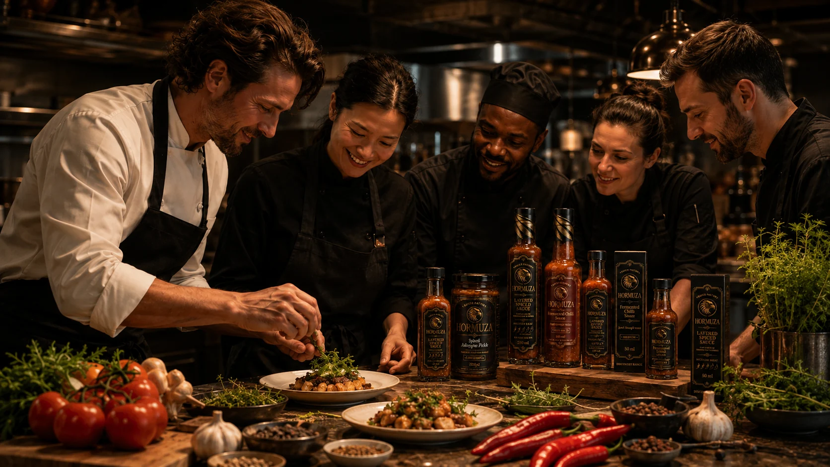 Professional chefs preparing dishes with the HORMUZA sauce range