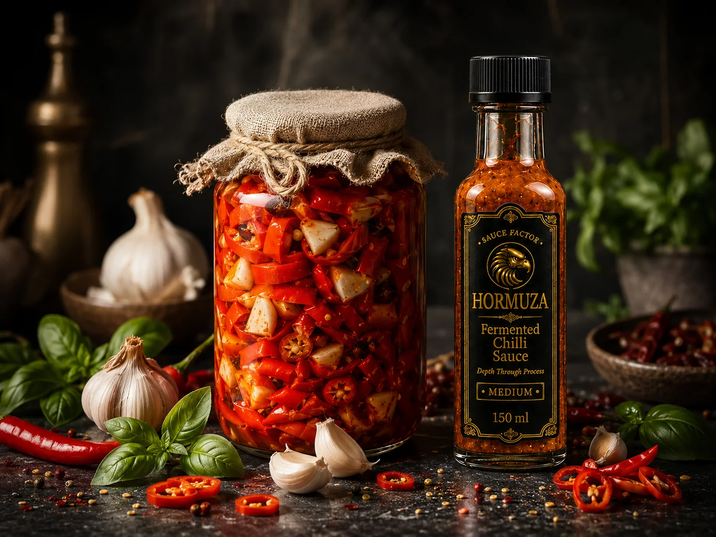 Glass jar of fermenting chillies with garlic and basil