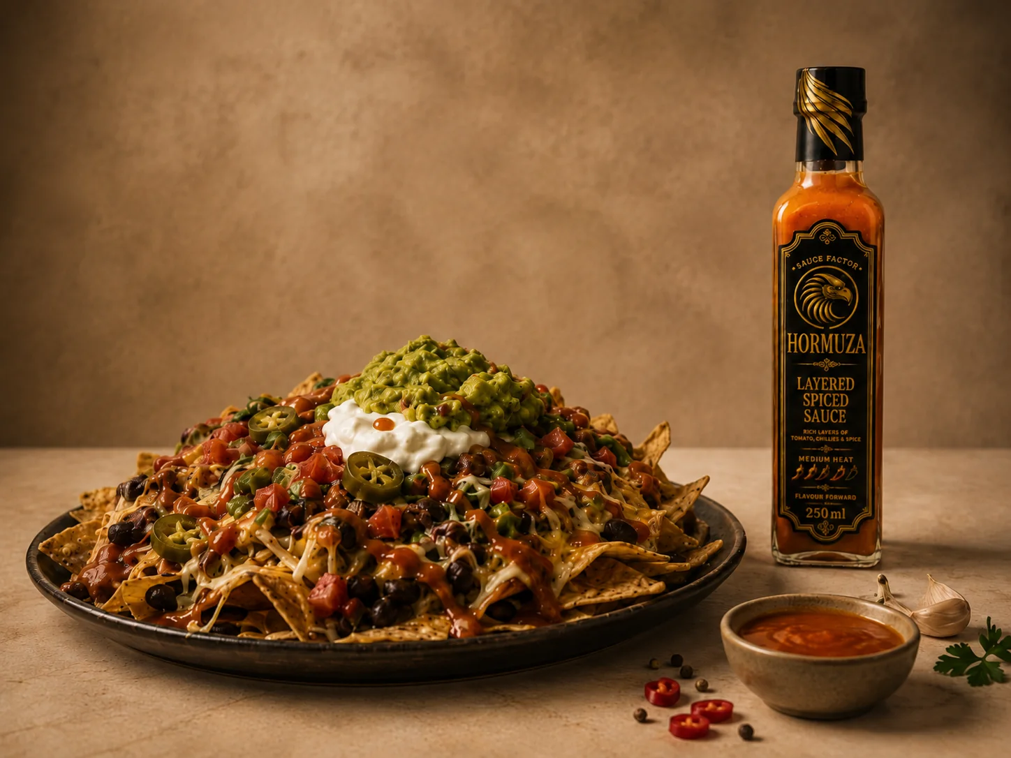 Loaded Nachos — Crafted with HORMUZA Layered Spiced Tomato Sauce. A perfect shareable snack, topped with seasoned meat, cheese and a generous amount of HORMUZA Layered Spiced Tomato Sauce.