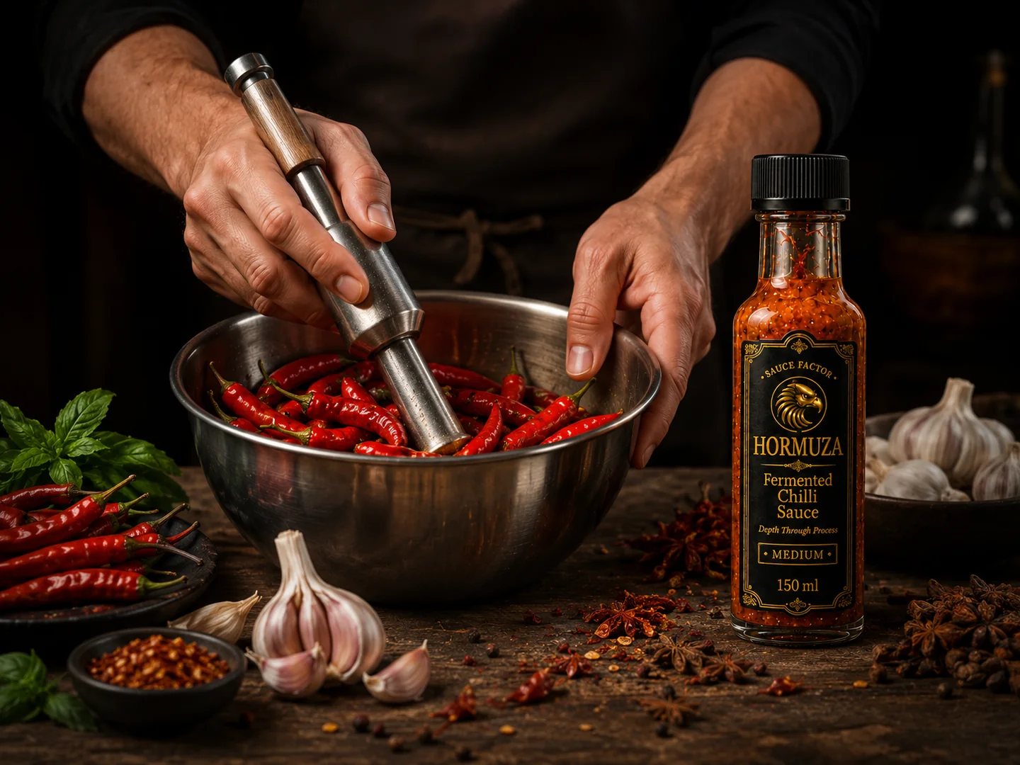 Hands grinding fresh red chillies with a pestle