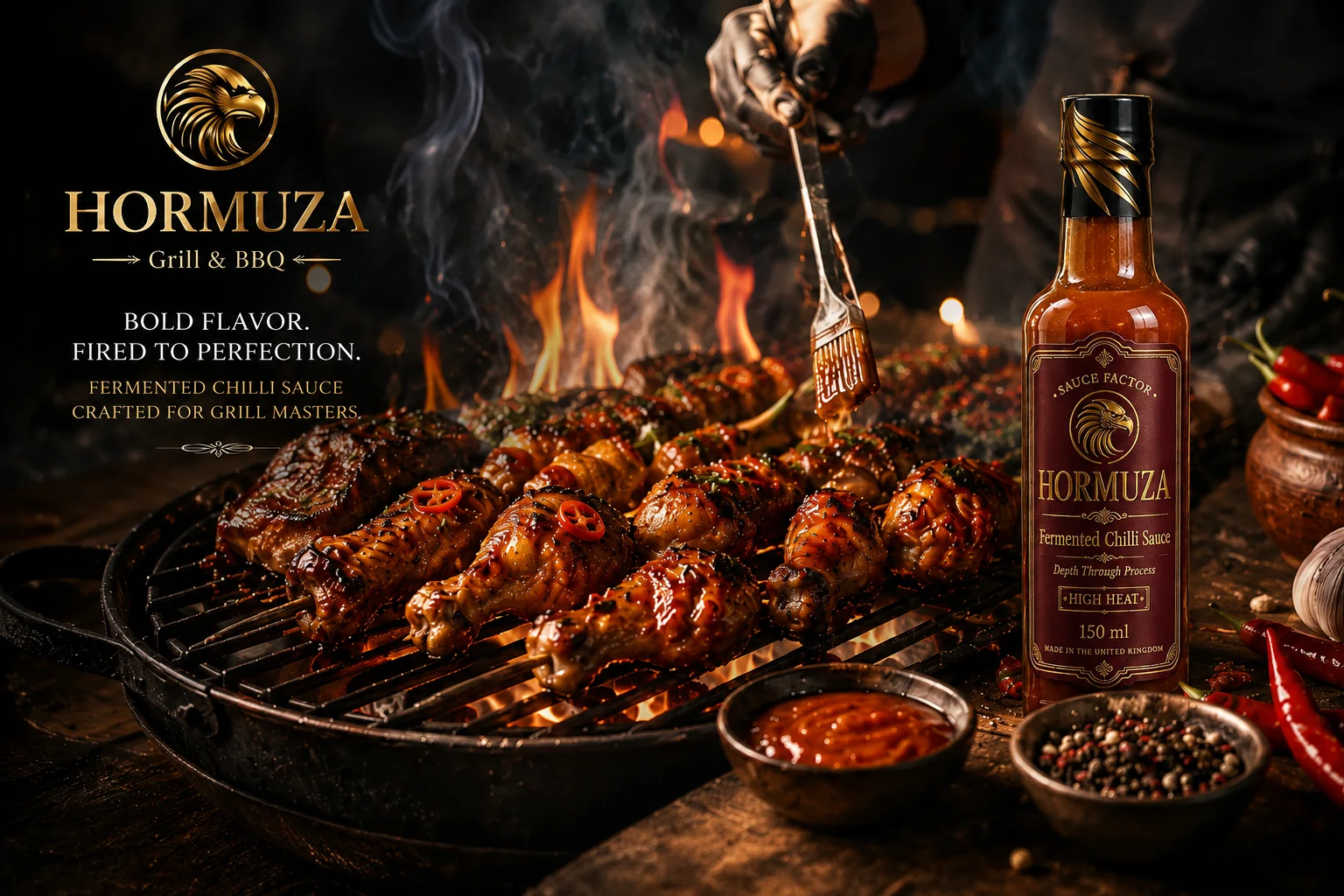 HORMUZA Grill & BBQ — Fermented Chilli Glazed BBQ Skewers. Bold heat. Layered flavour. Built for fire.