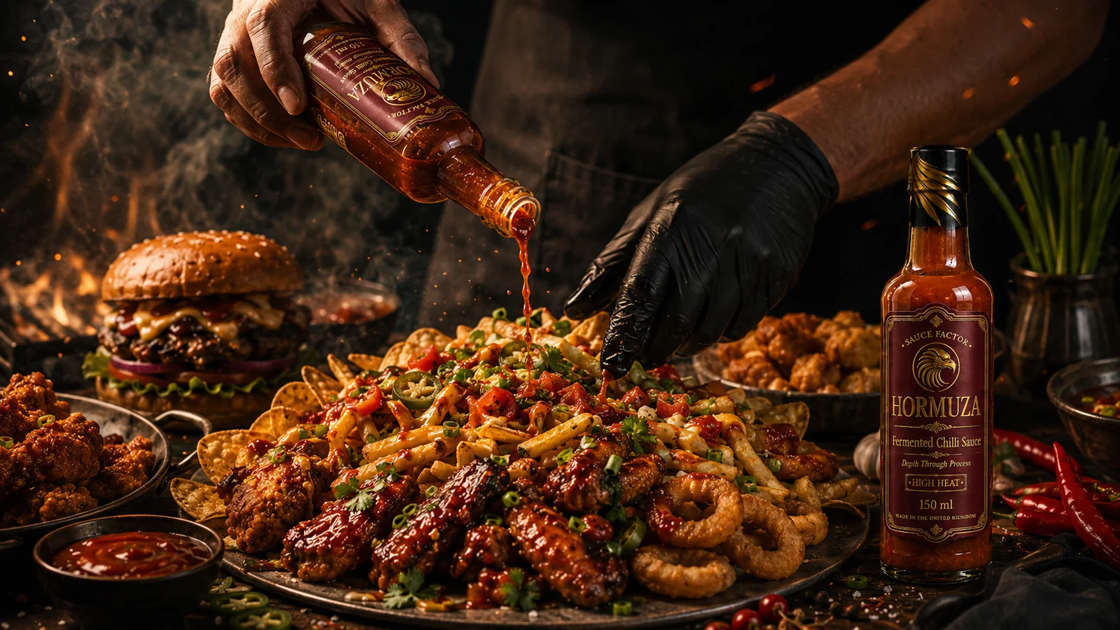 HORMUZA Loaded Snacks & Sides — Crispy. Punchy. Built for sharing (or not).. Fries • Wedges • Nachos • Onion Rings • Cauliflower Bites • Halloumi • Corn Ribs