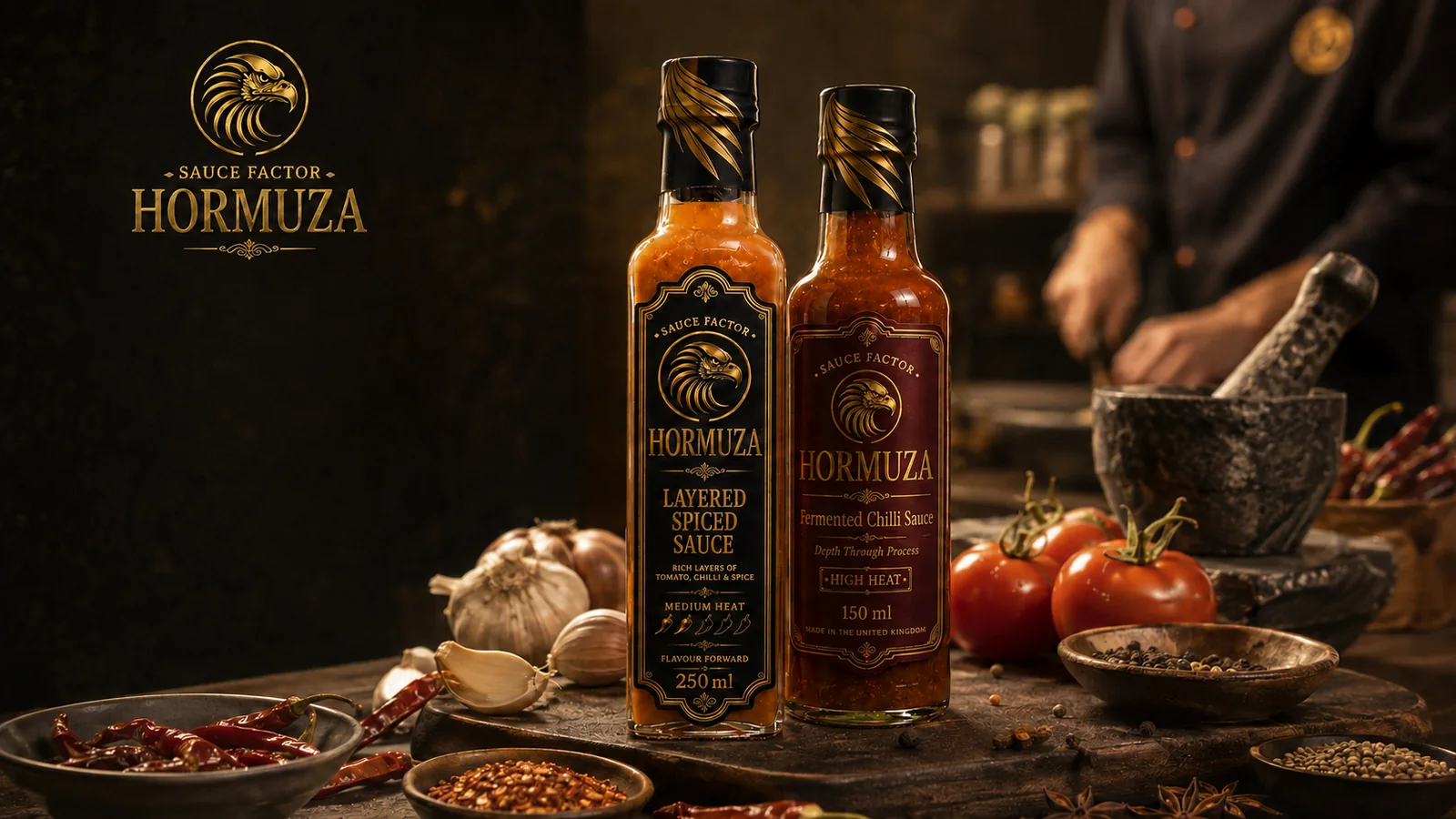 HORMUZA sauce bottles with tomatoes, garlic, chillies and spices