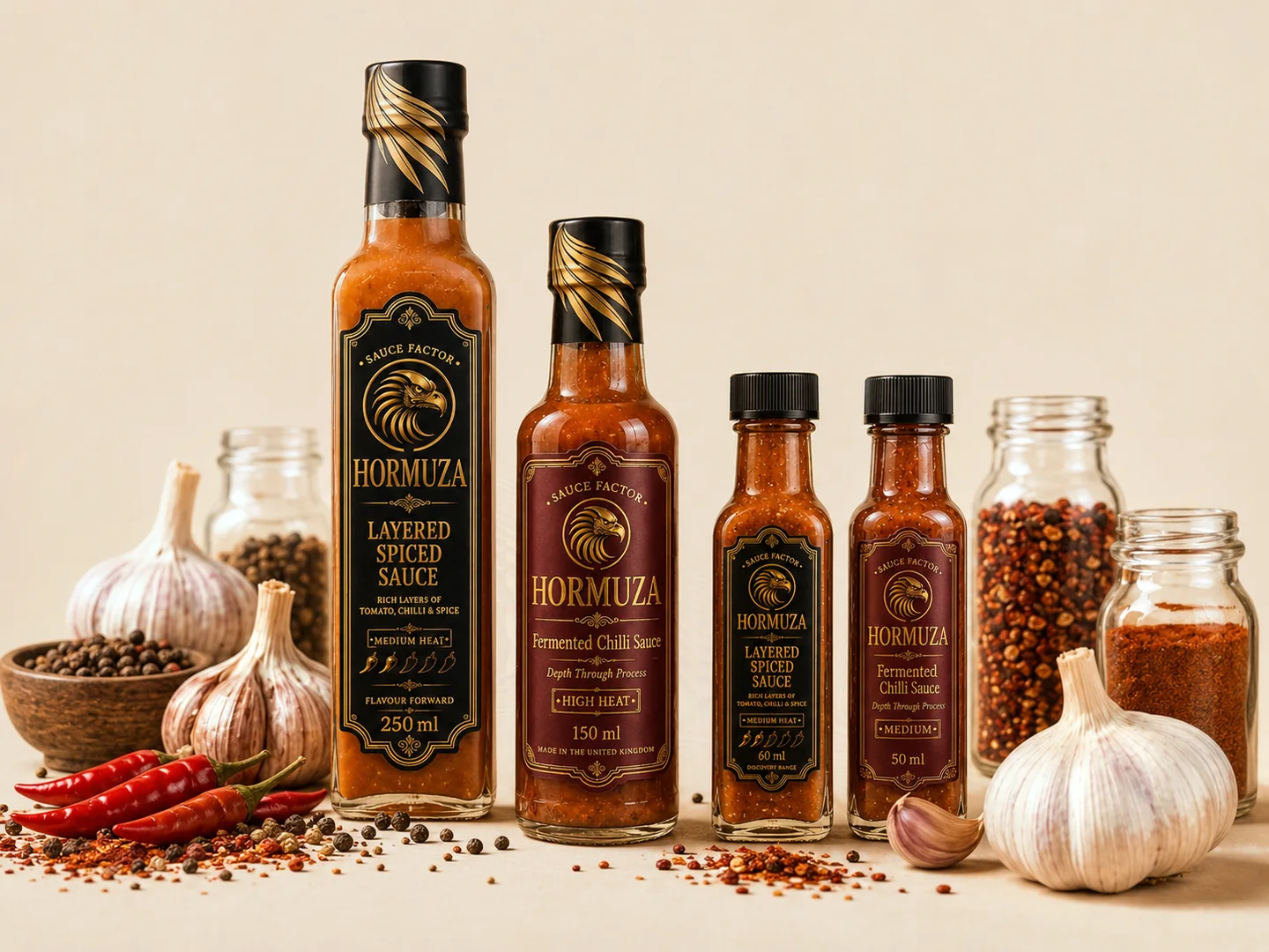 HORMUZA sauce bottles with chillies, garlic and peppercorns