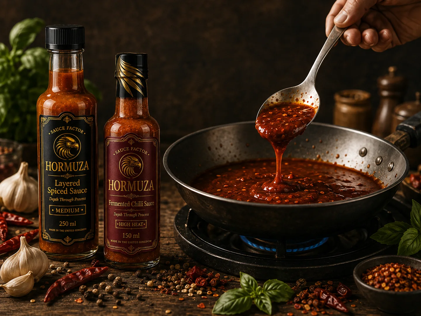 HORMUZA sauce bottles beside a skillet with rich sauce being poured