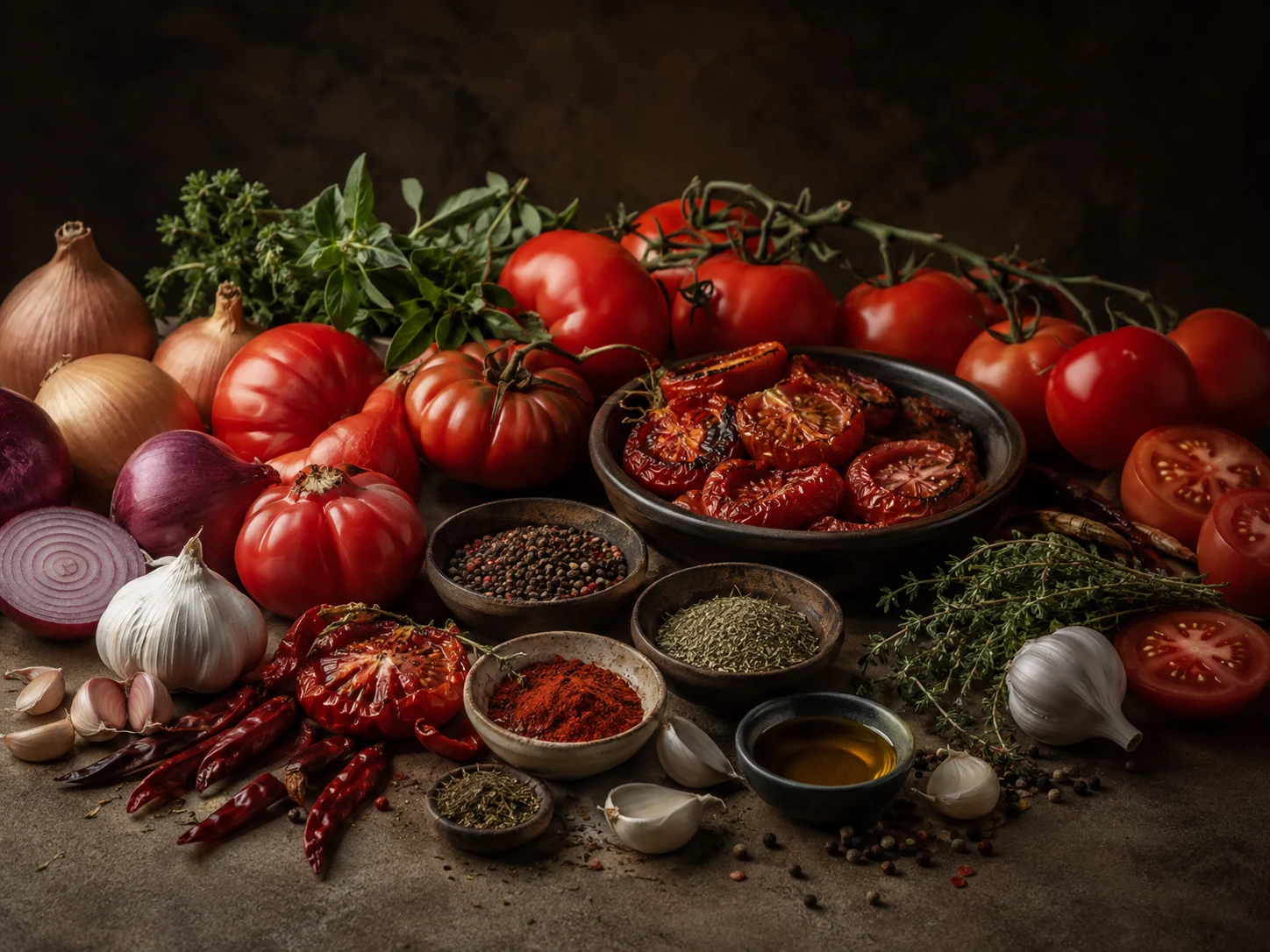 Tomatoes, onions, garlic, herbs and spices used in HORMUZA layered spiced tomato sauces
