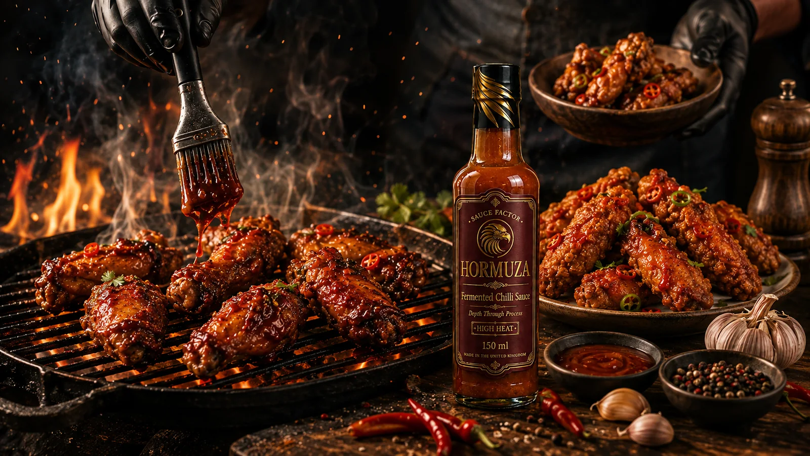 HORMUZA Chicken & Wings — Powered by HORMUZA Fermented Chilli Sauce. Sticky. Crispy. Built with depth.