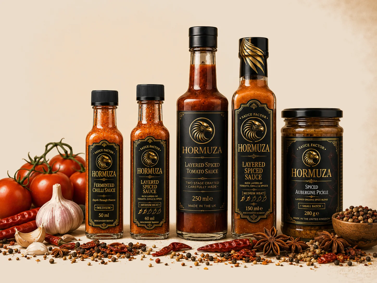 HORMUZA sauce bottle range with tomatoes, garlic, chillies and spices