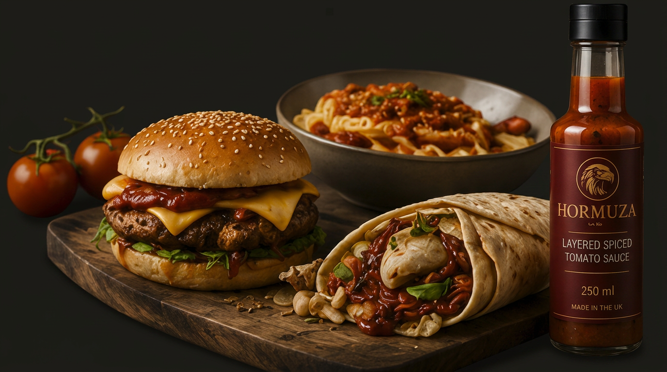 HORMUZA layered spiced tomato sauce with burger, wrap, pasta and bottle