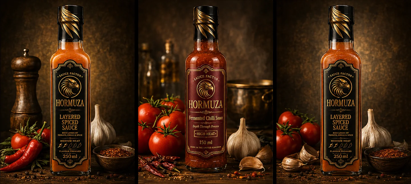 HORMUZA sauce bottles with fresh tomatoes, chillies and garlic