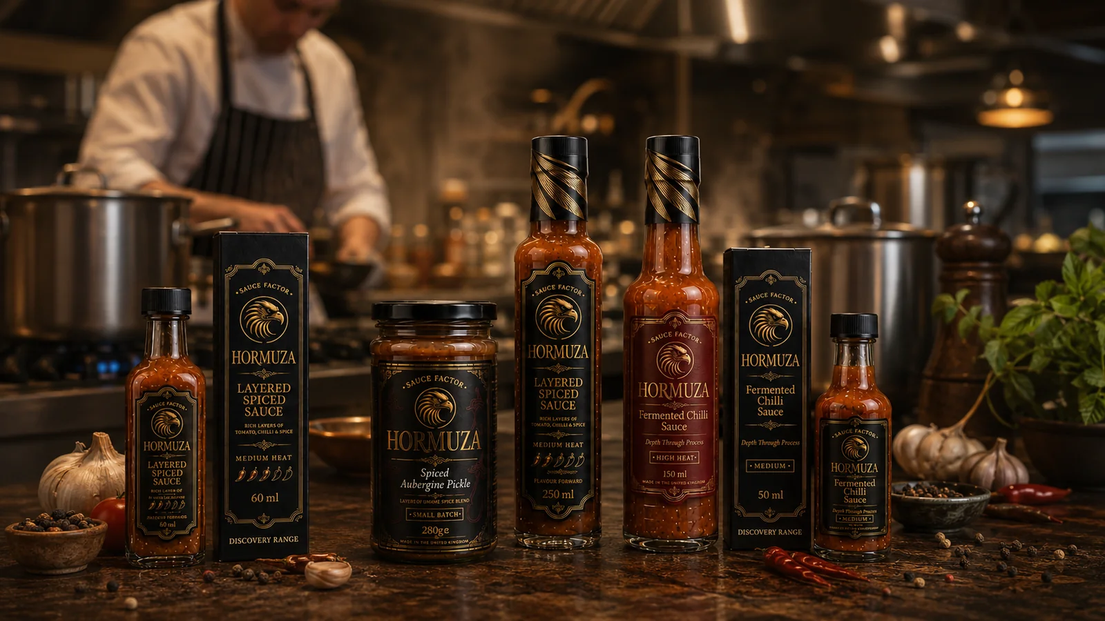HORMUZA sauce and pickle range displayed in a professional kitchen