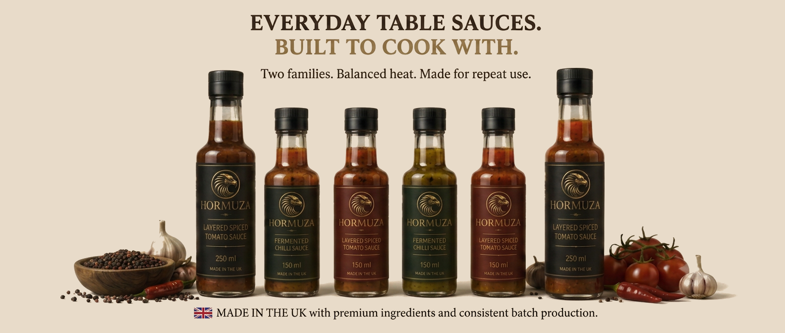 HORMUZA everyday table sauces — layered spiced tomato and fermented chilli bottles