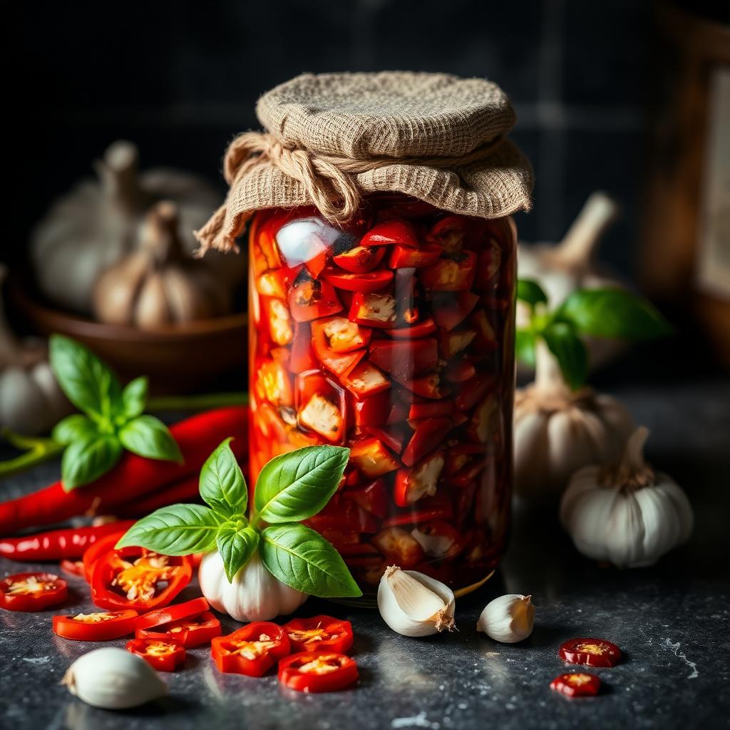 Glass jar of fermenting chillies with garlic and basil