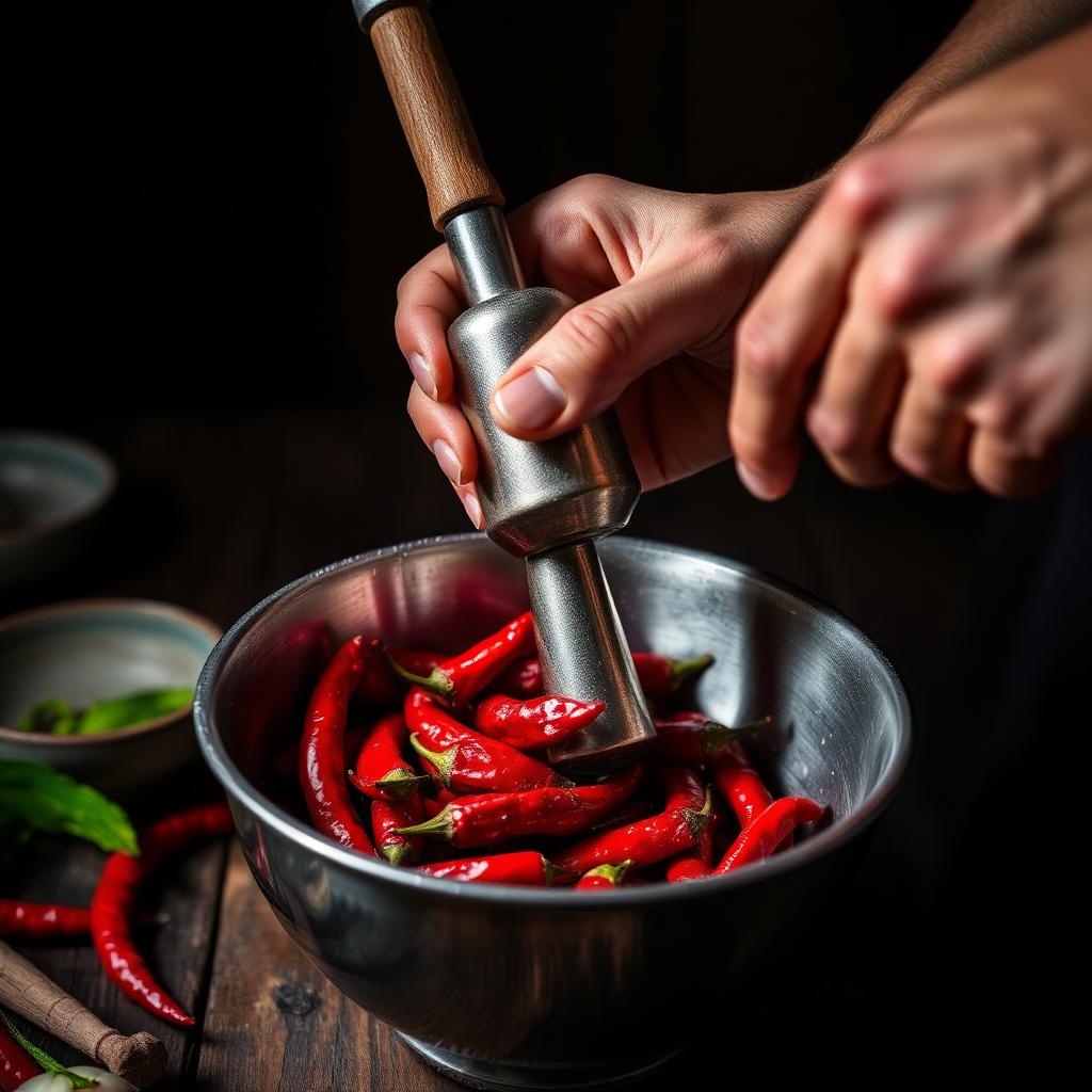 Hands grinding fresh red chillies with a pestle