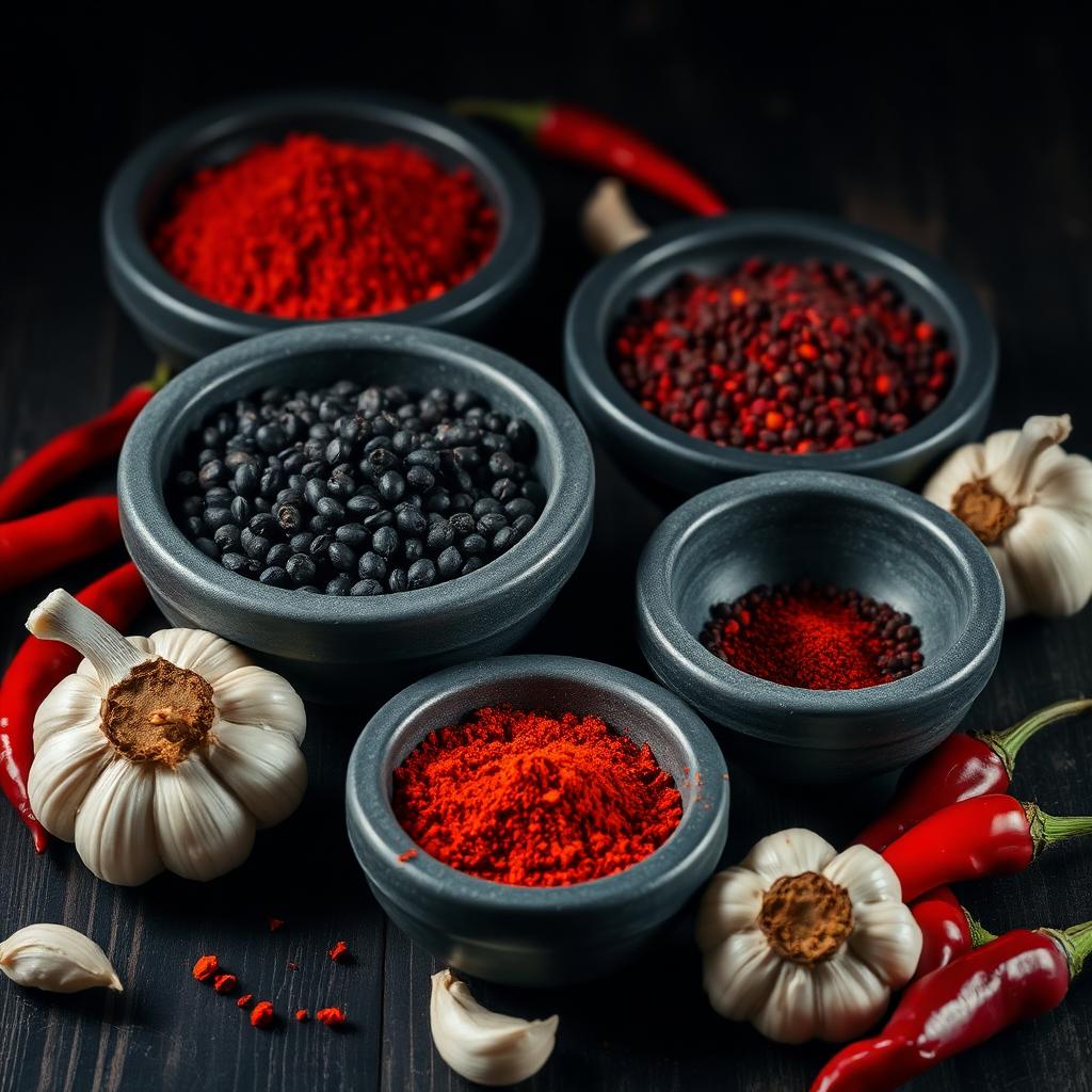 Stone bowls of ground peppercorns and chilli powder